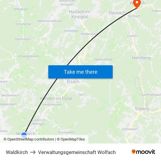 Waldkirch to Verwaltungsgemeinschaft Wolfach map