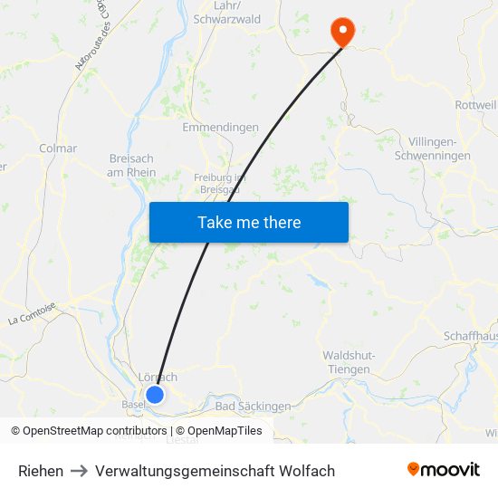 Riehen to Verwaltungsgemeinschaft Wolfach map