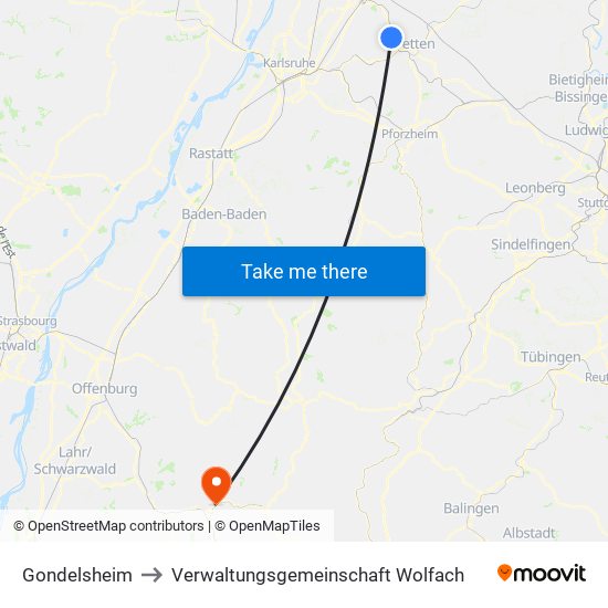 Gondelsheim to Verwaltungsgemeinschaft Wolfach map