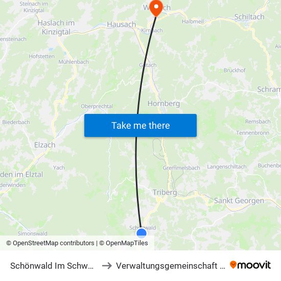 Schönwald Im Schwarzwald to Verwaltungsgemeinschaft Wolfach map