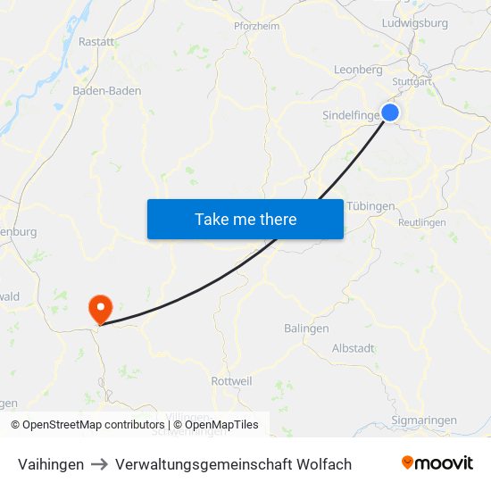 Vaihingen to Verwaltungsgemeinschaft Wolfach map