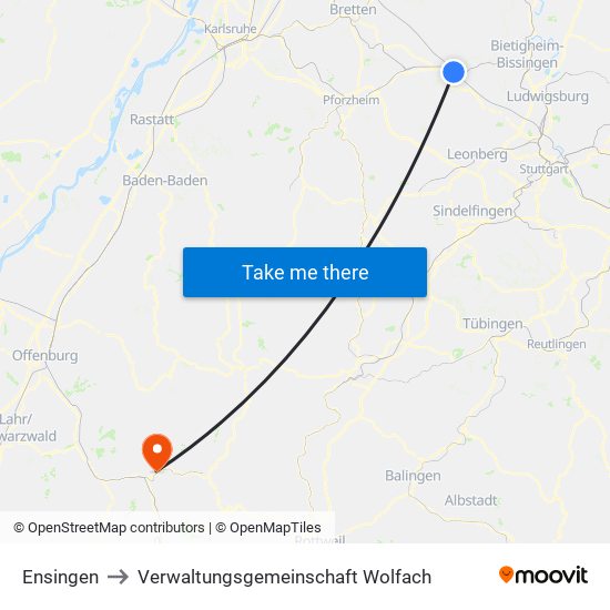 Ensingen to Verwaltungsgemeinschaft Wolfach map