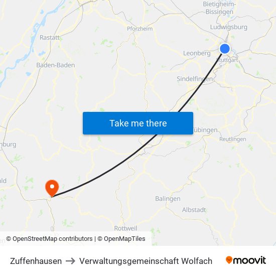 Zuffenhausen to Verwaltungsgemeinschaft Wolfach map