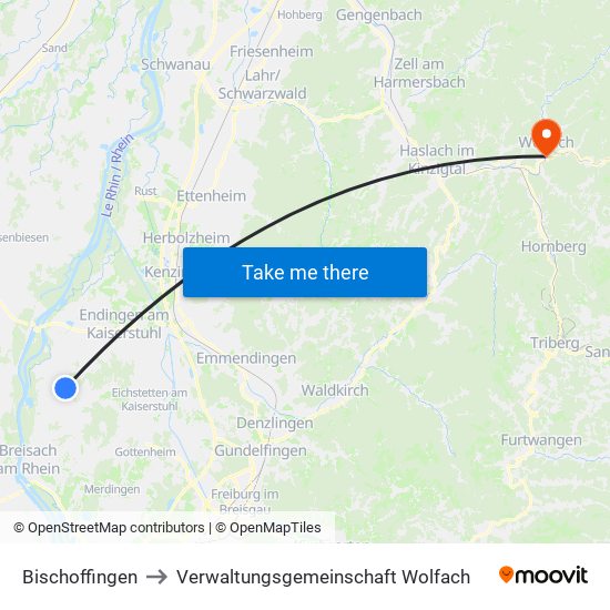 Bischoffingen to Verwaltungsgemeinschaft Wolfach map