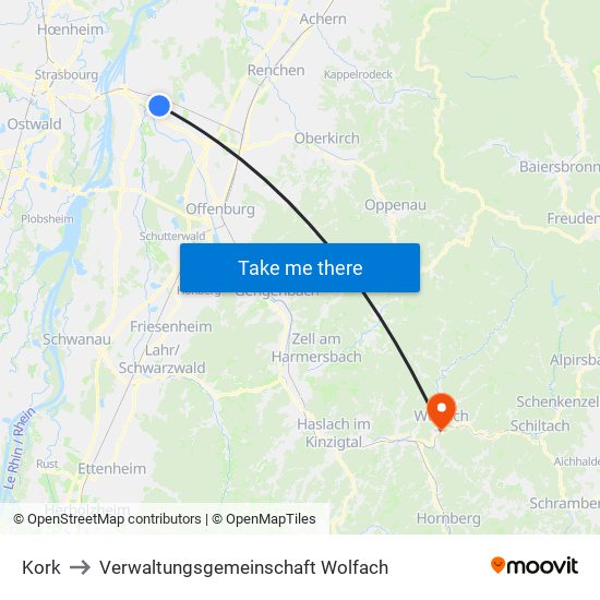 Kork to Verwaltungsgemeinschaft Wolfach map