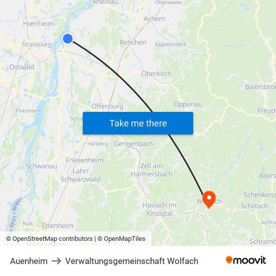 Auenheim to Verwaltungsgemeinschaft Wolfach map