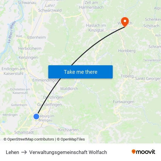 Lehen to Verwaltungsgemeinschaft Wolfach map