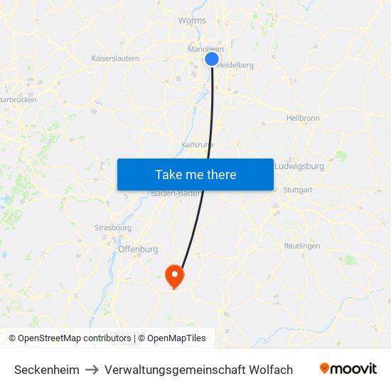 Seckenheim to Verwaltungsgemeinschaft Wolfach map