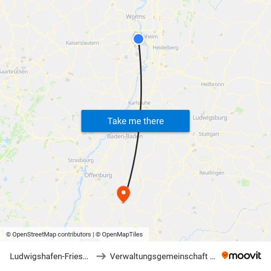 Ludwigshafen-Friesenheim to Verwaltungsgemeinschaft Wolfach map