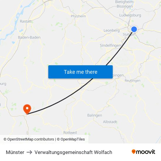 Münster to Verwaltungsgemeinschaft Wolfach map