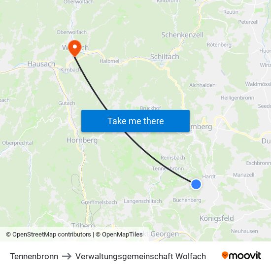 Tennenbronn to Verwaltungsgemeinschaft Wolfach map