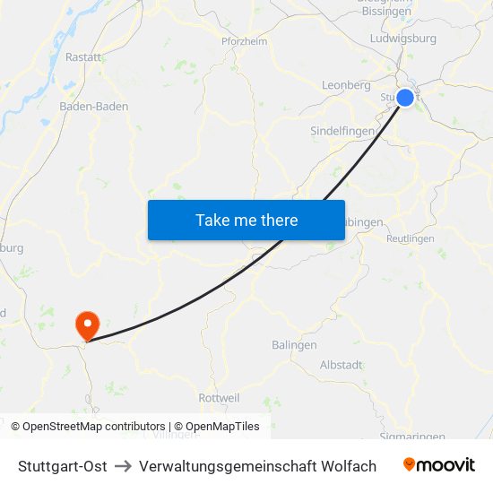 Stuttgart-Ost to Verwaltungsgemeinschaft Wolfach map