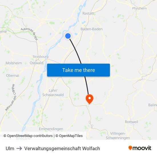 Ulm to Verwaltungsgemeinschaft Wolfach map