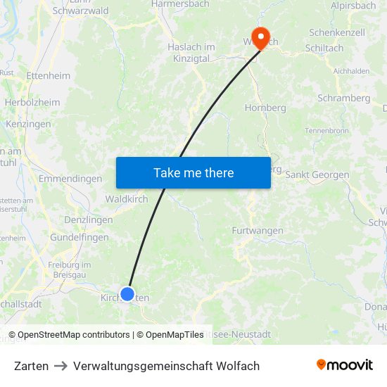 Zarten to Verwaltungsgemeinschaft Wolfach map