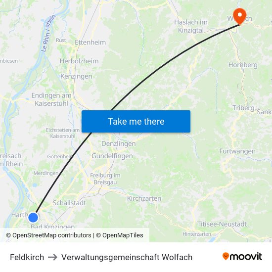 Feldkirch to Verwaltungsgemeinschaft Wolfach map