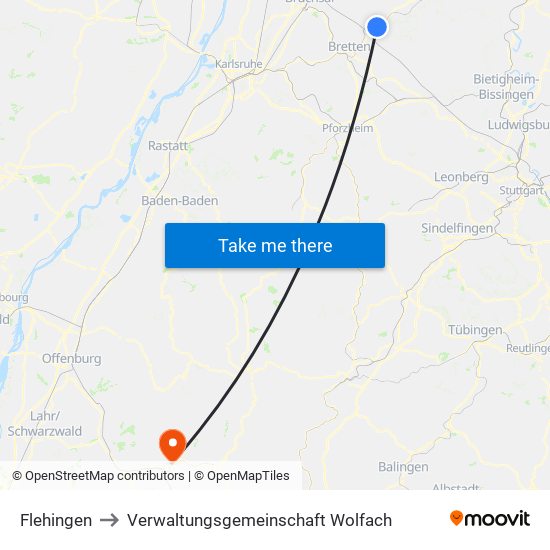 Flehingen to Verwaltungsgemeinschaft Wolfach map