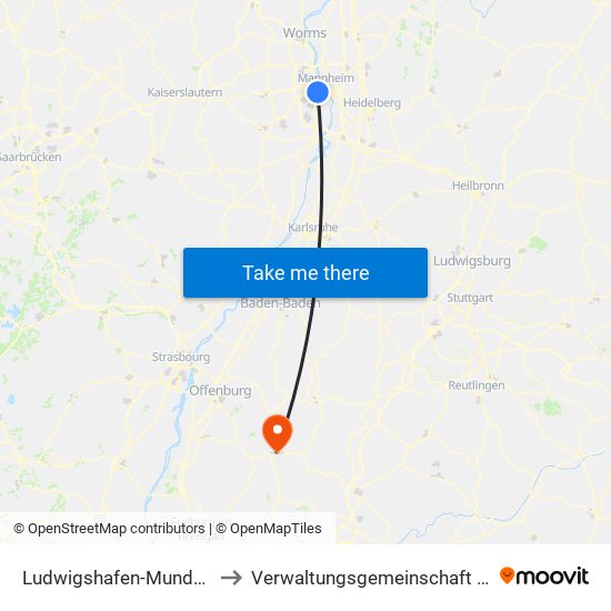 Ludwigshafen-Mundenheim to Verwaltungsgemeinschaft Wolfach map