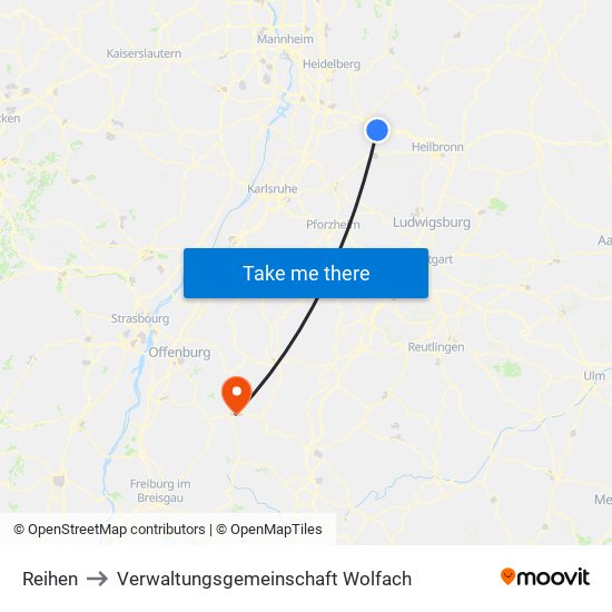 Reihen to Verwaltungsgemeinschaft Wolfach map