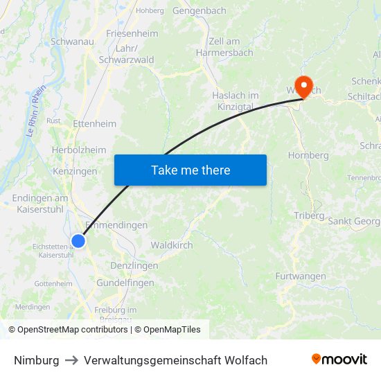 Nimburg to Verwaltungsgemeinschaft Wolfach map
