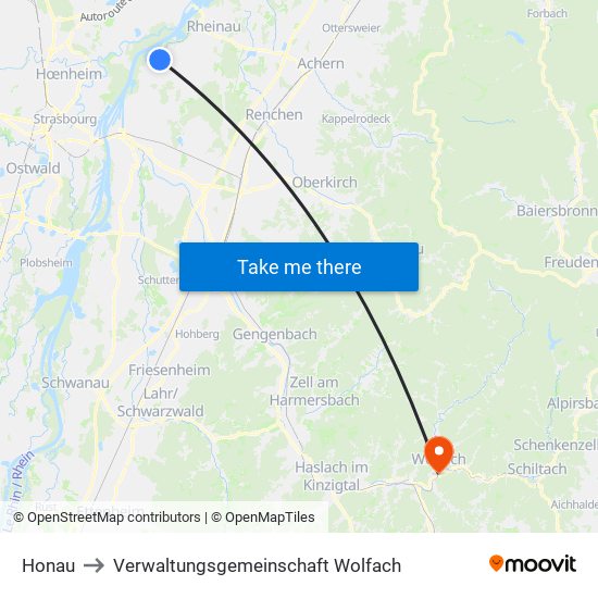 Honau to Verwaltungsgemeinschaft Wolfach map