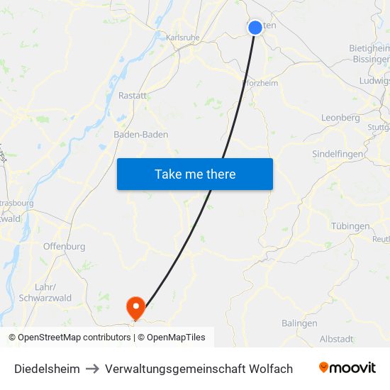 Diedelsheim to Verwaltungsgemeinschaft Wolfach map