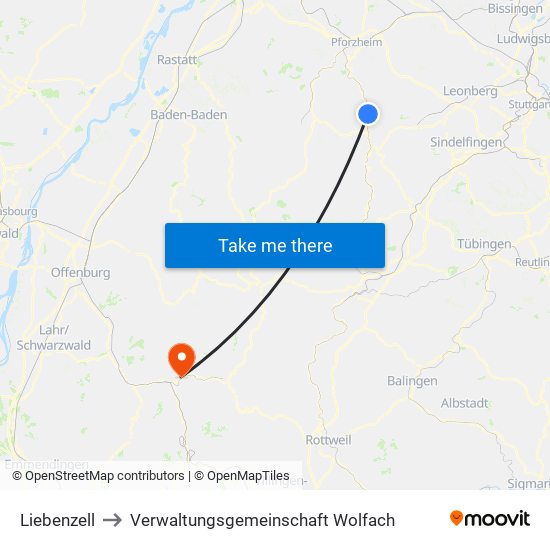 Liebenzell to Verwaltungsgemeinschaft Wolfach map