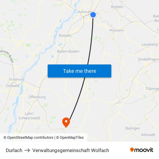 Durlach to Verwaltungsgemeinschaft Wolfach map