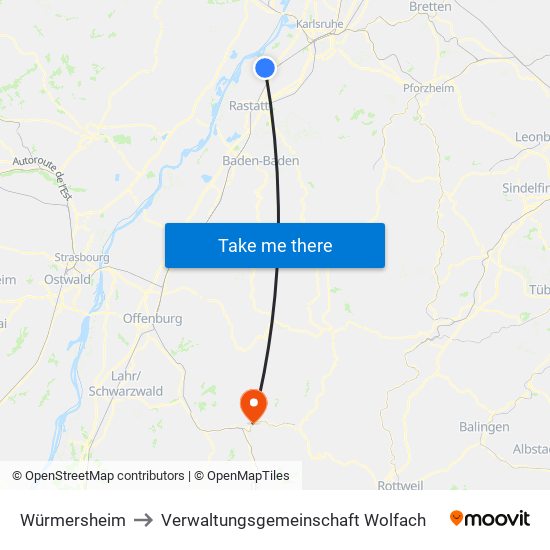 Würmersheim to Verwaltungsgemeinschaft Wolfach map