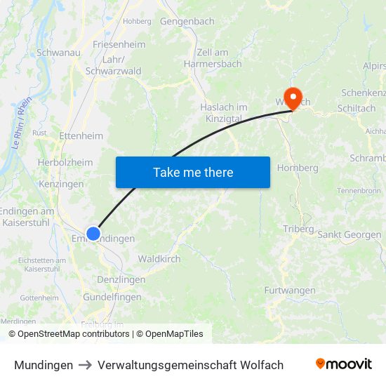 Mundingen to Verwaltungsgemeinschaft Wolfach map