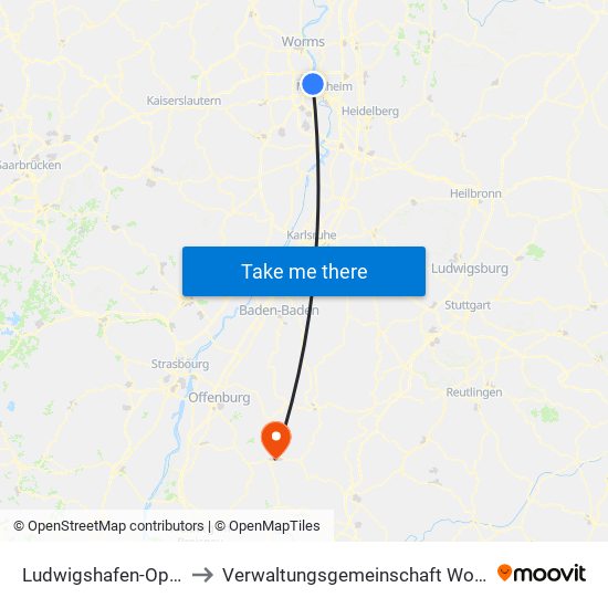 Ludwigshafen-Oppau to Verwaltungsgemeinschaft Wolfach map