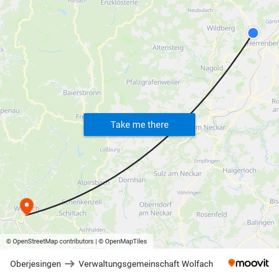 Oberjesingen to Verwaltungsgemeinschaft Wolfach map