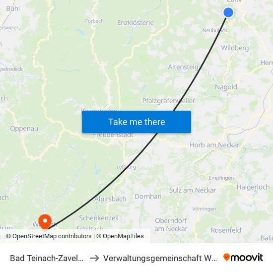 Bad Teinach-Zavelstein to Verwaltungsgemeinschaft Wolfach map