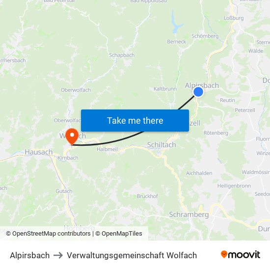 Alpirsbach to Verwaltungsgemeinschaft Wolfach map