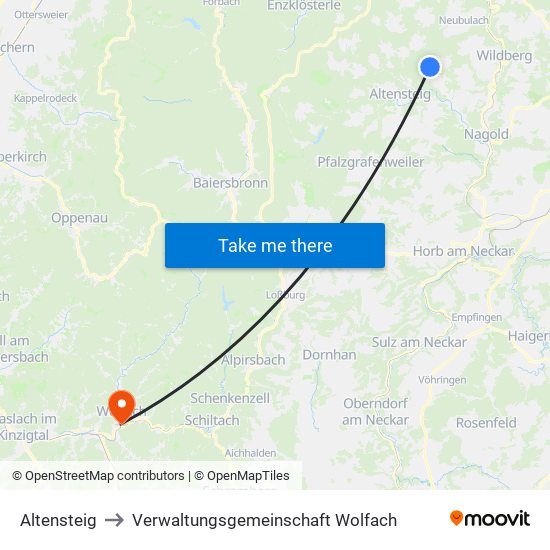 Altensteig to Verwaltungsgemeinschaft Wolfach map