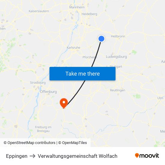 Eppingen to Verwaltungsgemeinschaft Wolfach map