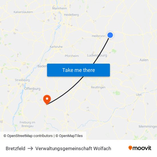 Bretzfeld to Verwaltungsgemeinschaft Wolfach map