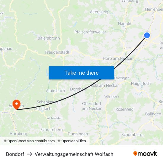 Bondorf to Verwaltungsgemeinschaft Wolfach map