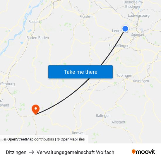 Ditzingen to Verwaltungsgemeinschaft Wolfach map