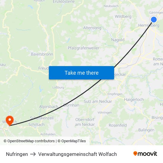 Nufringen to Verwaltungsgemeinschaft Wolfach map