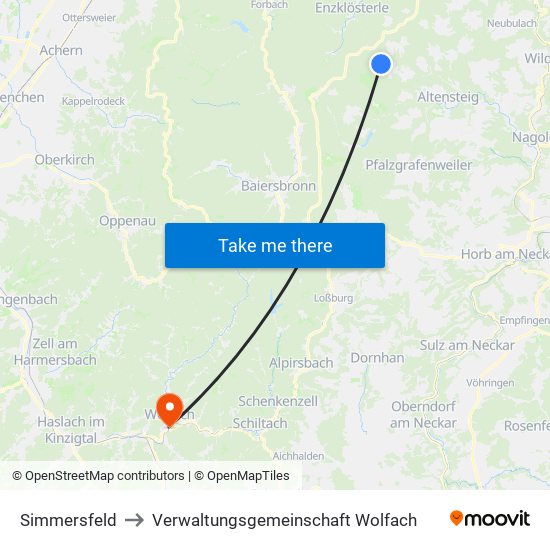 Simmersfeld to Verwaltungsgemeinschaft Wolfach map