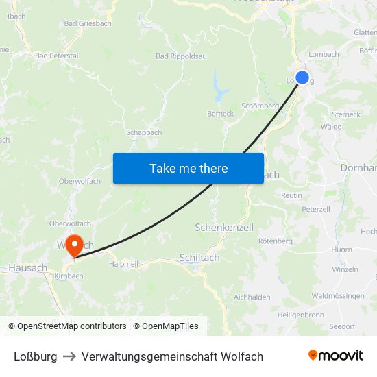 Loßburg to Verwaltungsgemeinschaft Wolfach map