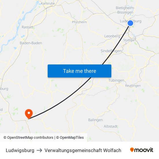 Ludwigsburg to Verwaltungsgemeinschaft Wolfach map