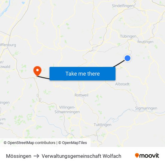 Mössingen to Verwaltungsgemeinschaft Wolfach map