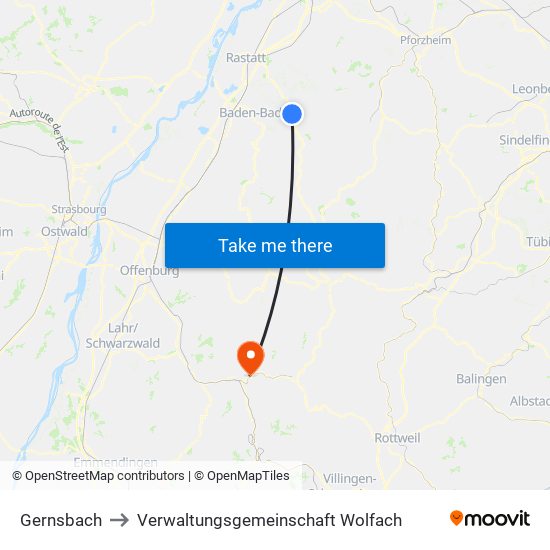 Gernsbach to Verwaltungsgemeinschaft Wolfach map