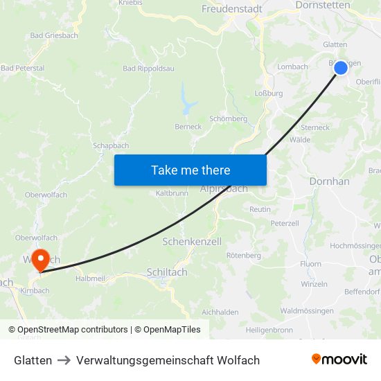 Glatten to Verwaltungsgemeinschaft Wolfach map