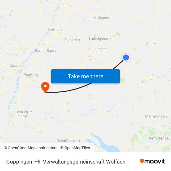 Göppingen to Verwaltungsgemeinschaft Wolfach map