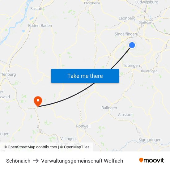 Schönaich to Verwaltungsgemeinschaft Wolfach map