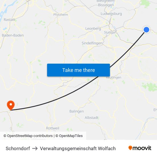 Schorndorf to Verwaltungsgemeinschaft Wolfach map
