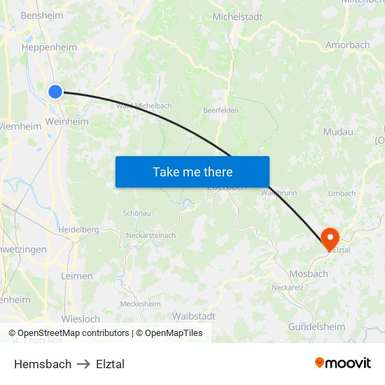 Hemsbach to Elztal map