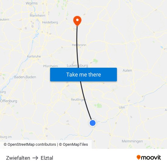 Zwiefalten to Elztal map